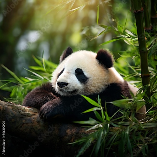 A serene giant panda rests comfortably on a log surrounded by lush green bamboo, exuding calmness in its natural habitat. The soft sunlight filtering through the leaves adds warmth to this tranquil