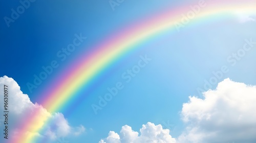 A vibrant rainbow arching across a clear blue sky, with soft white clouds gently floating in the background, creating a serene atmosphere,No blurriness