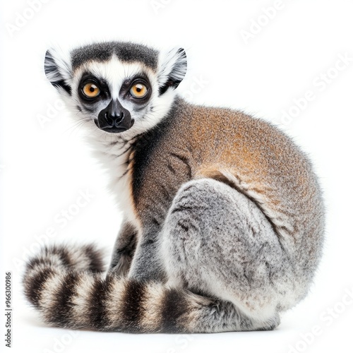 lemur sits in a poised position, its long tail curled around its body. Its bright eyes sparkle with curiosity, set against a clean white background, highlighting its vibrant features.