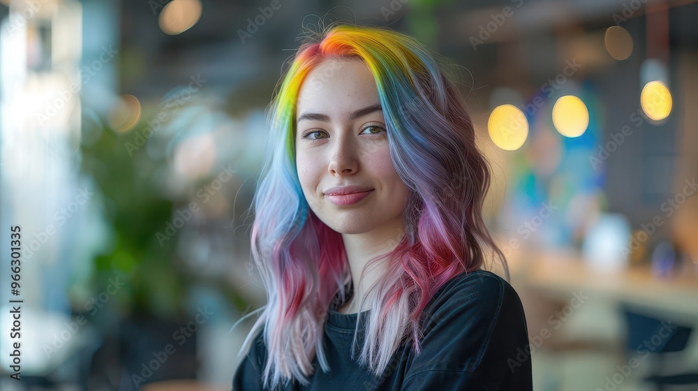 vibrant portrait of a confident young woman with rainbowcolored hair in a sleek modern office bold contrasts urban chic empowered pose vibrant portrait of a confident young woman with rainbowcolored hair in a sleek modern office bold contrasts urban chic empowered pose