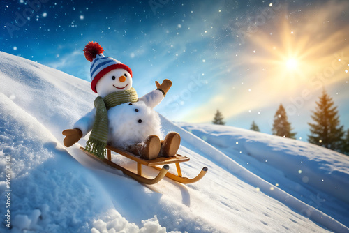 Happy snowman sledding down a snowy hill under a bright sun and blue sky