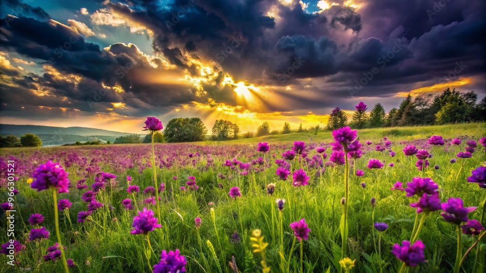 Vibrant dark purple wildflowers blooms wildly in a lush green meadow under a dramatic cloudy sky with subtle Vibrant dark purple wildflowers blooms wildly in a lush green meadow under a dramatic cloudy sky with subtle