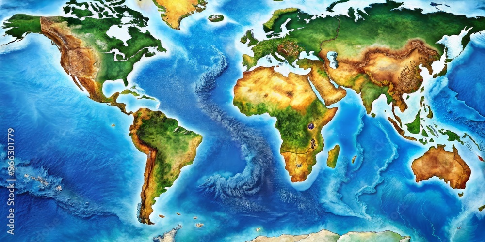 Vibrant digital illustration of South America's countries and territories surrounded by vast blue oceans, featuring Vibrant digital illustration of South America's countries and territories surrounded by vast blue oceans, featuring