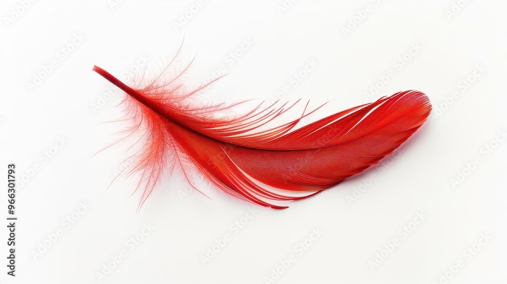vibrant red feather floating against pristine white background intricate barbs and delicate structure highlighted with soft shadows vibrant red feather floating against pristine white background intricate barbs and delicate structure highlighted with soft shadows