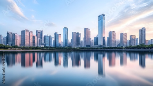 A panoramic view of a modern skyline reflecting in a calm river, with gentle clouds above and a light solid color background,No blurriness