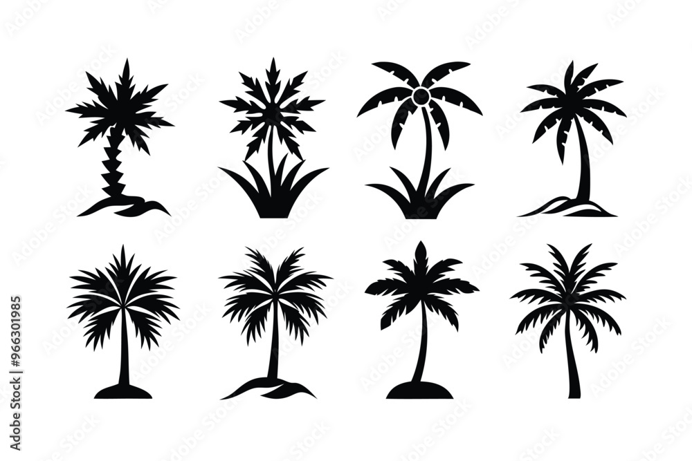 Simple Vector Palm Tree silhouette SVG icons and Beach Logo Designs in black and white and transparent background PNG file with Suns Clouds and Islands in the Ocean Simple Vector Palm Tree silhouette SVG icons and Beach Logo Designs in black and white and transparent background PNG file with Suns Clouds and Islands in the Ocean