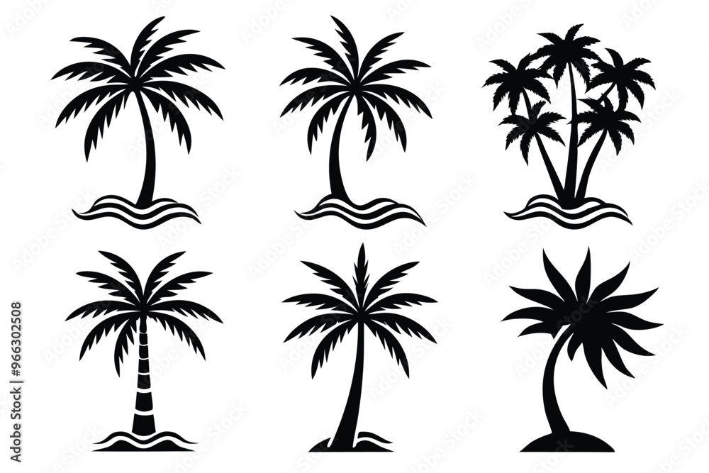 Obraz premium Simple Vector Palm Tree silhouette SVG icons and Beach Logo Designs in black and white and transparent background PNG file with Suns Clouds and Islands in the Ocean