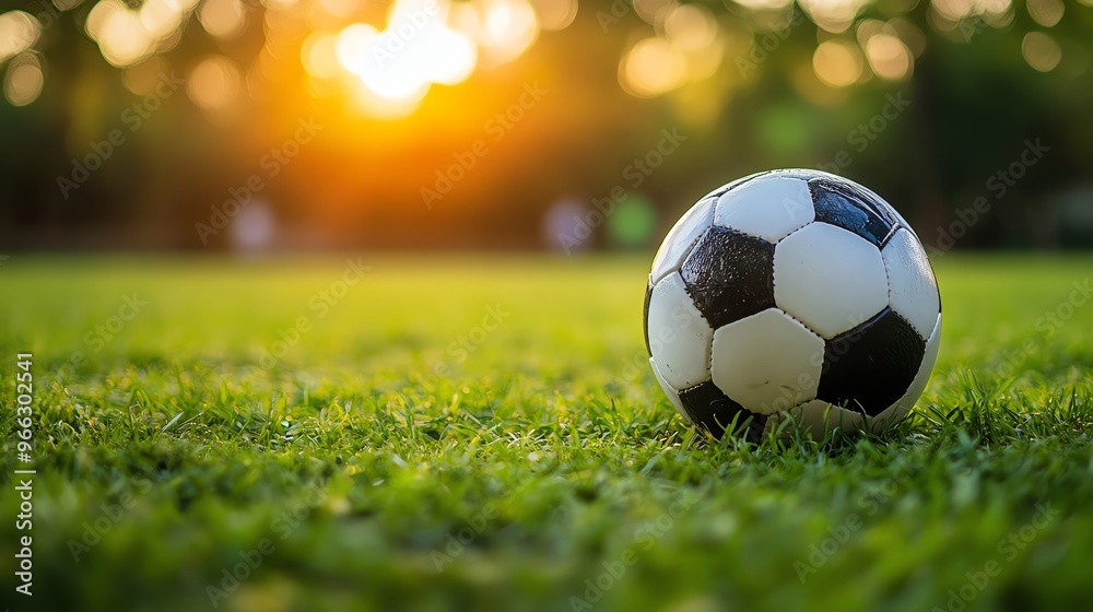 Fototapeta premium A close-up of a soccer ball resting on vibrant green grass, illuminated by a beautiful sunset in the background.