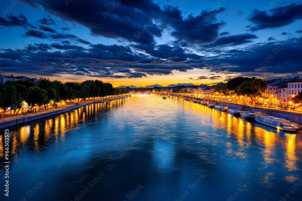Naklejka premium A sunset view of the RhÃ´ne River, with the lights of Avignon reflecting on the water as boats drift lazily by