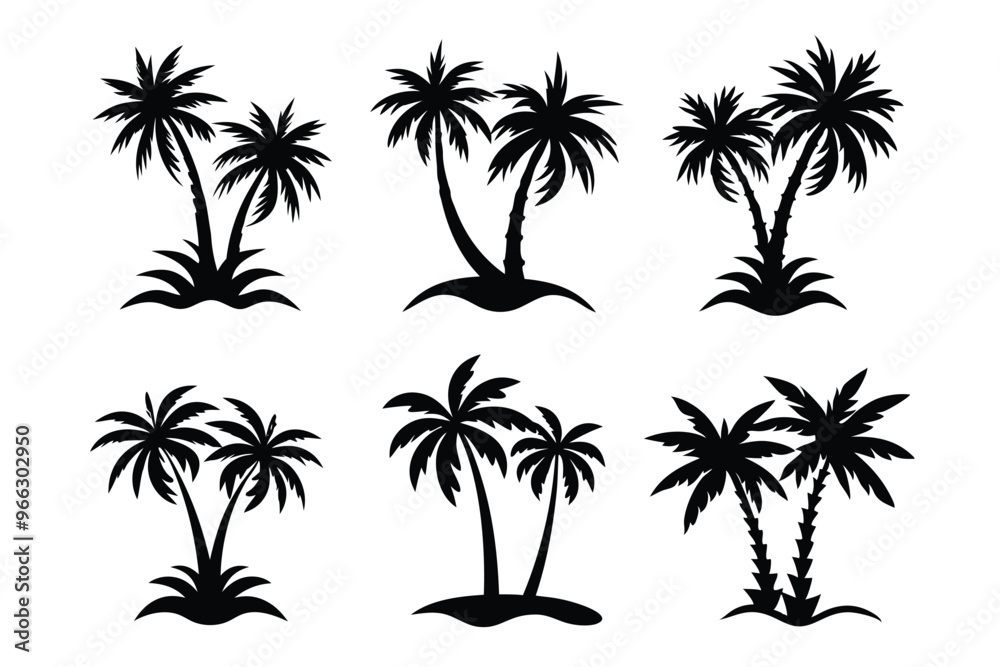 Fototapeta premium Simple Vector Palm Tree silhouette SVG icons and Beach Logo Designs in black and white and transparent background PNG file with Suns Clouds and Islands in the Ocean