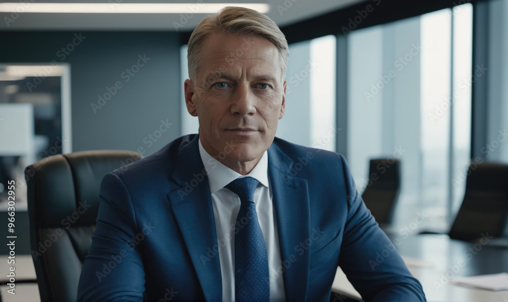 A man in a blue suit sits in a boardroom, looking directly at the camera A man in a blue suit sits in a boardroom, looking directly at the camera