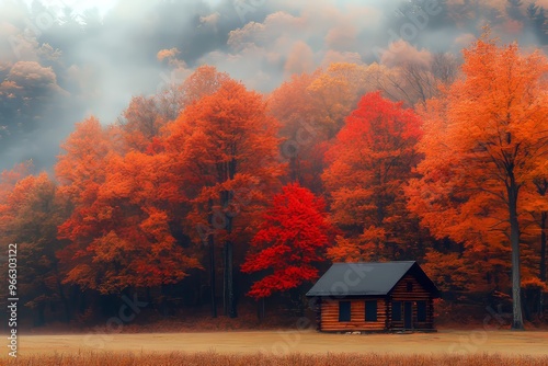 Fototapeta Naklejka Na Ścianę i Meble -  Autumn cabin in forest with fall foliage and misty meadow landscape
