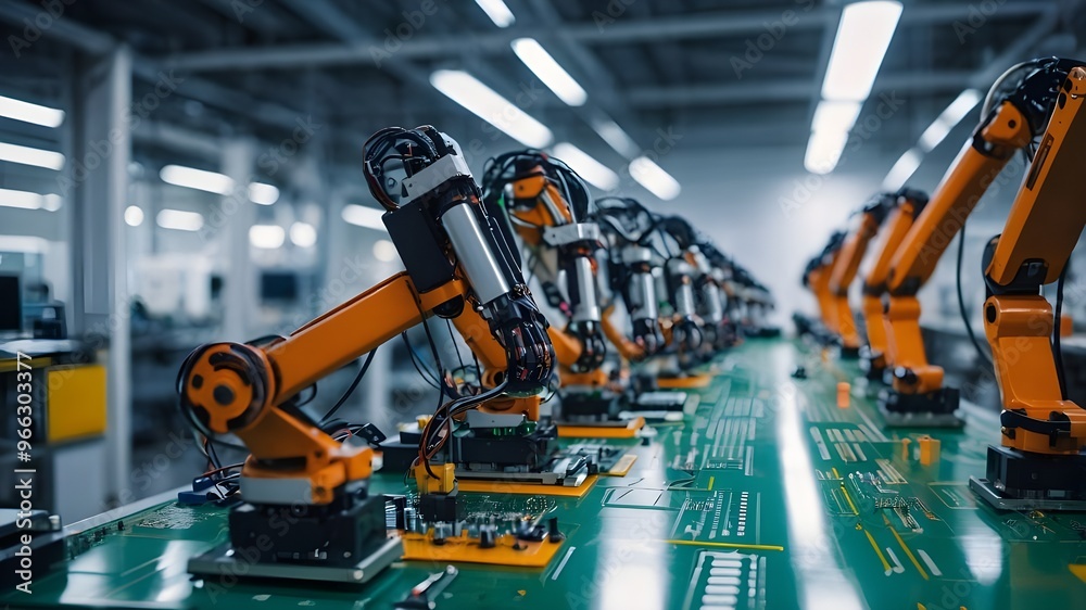 Advanced High-Precision Robot Arms on Fully Automated PCB Assembly Line: Modern Electronics Factory for Component Installation in the Electronic Devices Production Industry Advanced High-Precision Robot Arms on Fully Automated PCB Assembly Line: Modern Electronics Factory for Component Installation in the Electronic Devices Production Industry