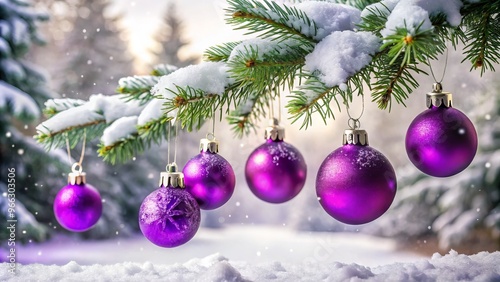 Vibrant, glossy purple Christmas ornament balls hang from a snow-dusted branch, surrounded by lush greenery, against a photo