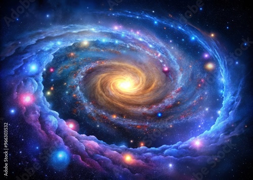 Vibrant, glowing model of the Milky Way galaxy, featuring swirling blue and purple stars, planets, and wispy nebulae