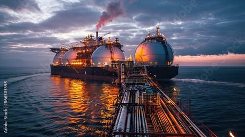 A large ship with two large tanks on it is docked at a pier photo