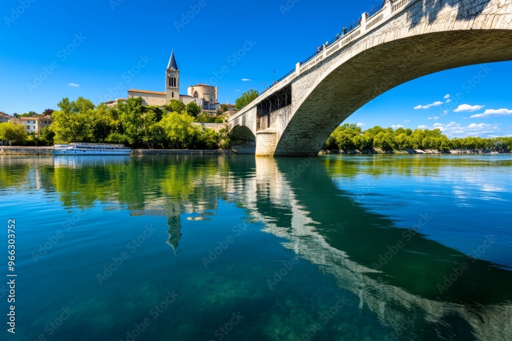 Obraz premium A tranquil scene of the Pont Saint-BÃ©nÃ©zet, also known as the â€œBridge of Avignon,â€ with the RhÃ´ne River flowing gently beneath it