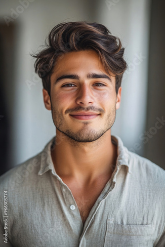 A handsome young man smiling in a casual shirt.