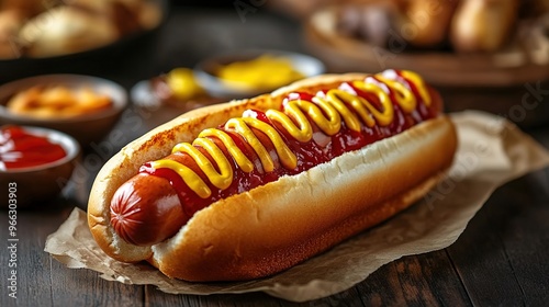 
A juicy hot dog with ketchup and mustard on it, sitting in the middle of an empty wooden table
