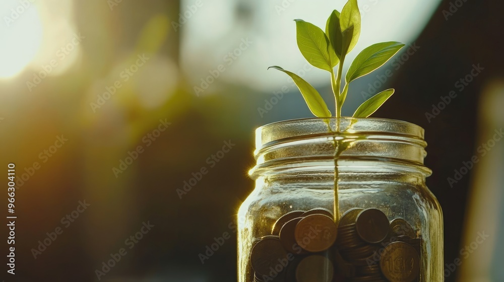 A close-up of a coin jar with a small plant growing from it, highlighting financial growth and saving