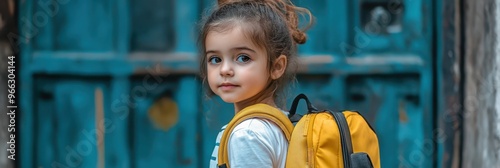 a little girl with a yellow backpack standing in front of a blue door photo