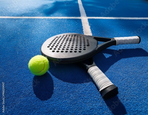 Single padel ball bouncing on the court surface with a blurred background of players
