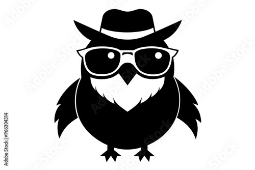 A cool vintage style owl with sun glasses and hat, silhouette black color on the white background, vector illustration