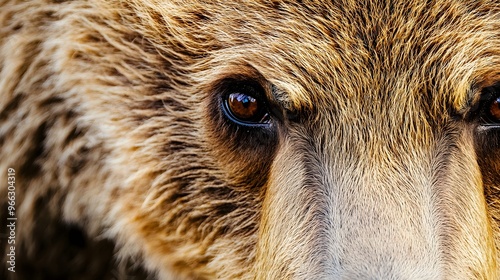 Wallpaper Mural A close-up of a bear's face, showcasing its fur texture and captivating eyes, set against a light solid color background for a striking effect,No blurriness Torontodigital.ca