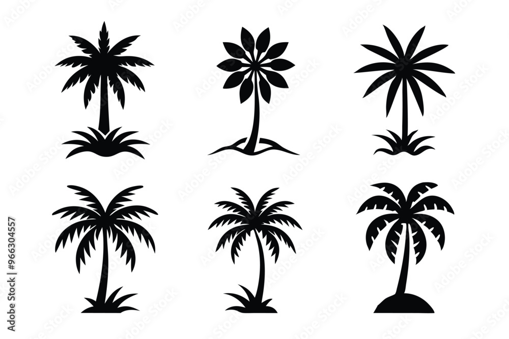 Fototapeta premium Simple Vector Palm Tree silhouette SVG icons and Beach Logo Designs in black and white and transparent background PNG file with Suns Clouds and Islands in the Ocean