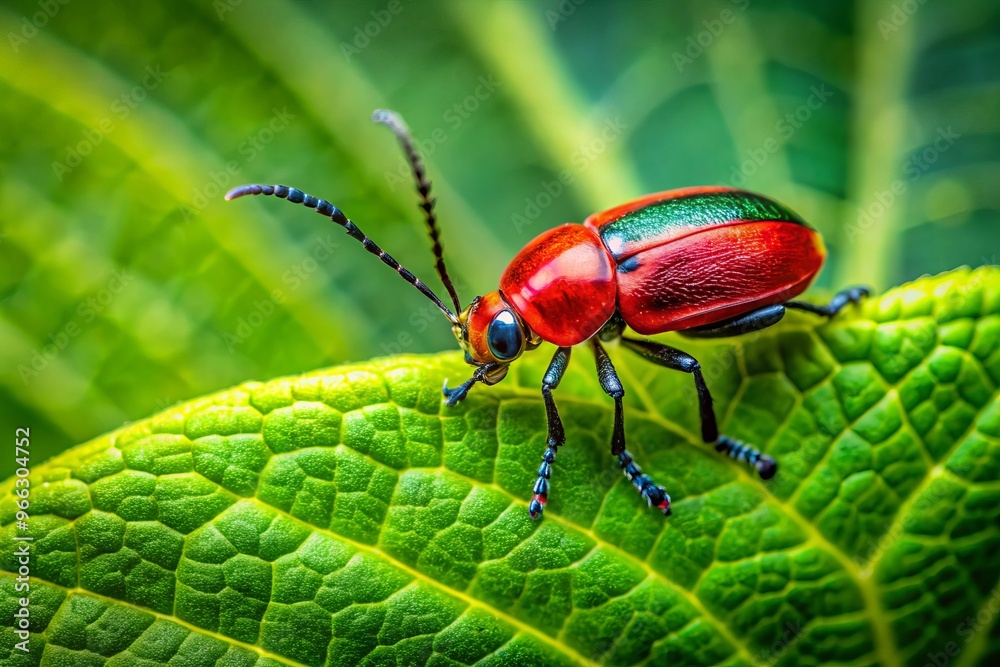 Vibrant green leaf with intricate veins serves as a habitat for a tiny, shiny red bug with black Vibrant green leaf with intricate veins serves as a habitat for a tiny, shiny red bug with black