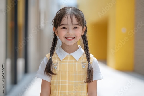 a little girl in yellow school uniform smiling