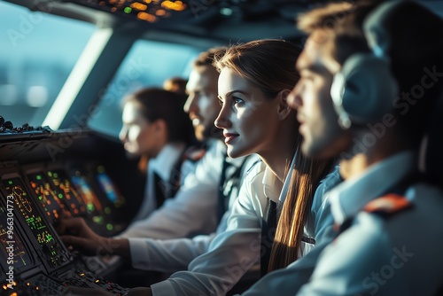 Team of airline pilots in a cockpit focused on flying during a flight mission photo