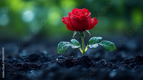 Fototapeta Naklejka Na Ścianę i Meble -  A single red rose blooms in dark soil, showcasing resilience and beauty against adversity.