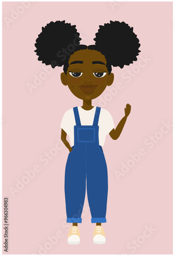 Petite fille noire afro couettes salopette coucou salue grand sourire heureuse vecteur
