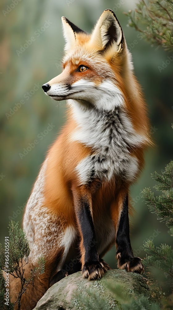 A fox in a natural pose, surrounded by soft foliage, with a serene light solid color background to enhance the focus on the animal,No blurriness A fox in a natural pose, surrounded by soft foliage, with a serene light solid color background to enhance the focus on the animal,No blurriness