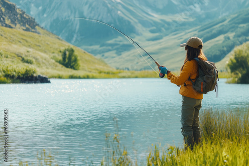 A woman is fishing in a lake with a yellow jacket and a backpack photo