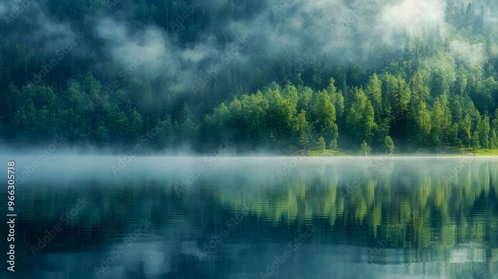 Fototapeta premium 1. A tranquil morning mist over a still lake, with gentle ripples on the water is surface reflecting the surrounding forest
