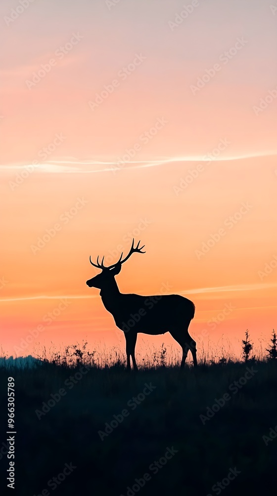 A silhouette of a deer against a pastel sunset, with a vast sky filled with soft hues providing perfect copy space,No blurriness A silhouette of a deer against a pastel sunset, with a vast sky filled with soft hues providing perfect copy space,No blurriness