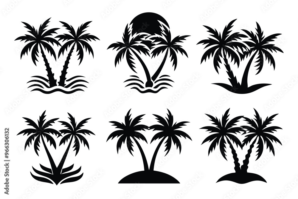 Fototapeta premium Simple Vector Palm Tree silhouette SVG icons and Beach Logo Designs in black and white and transparent background PNG file with Suns Clouds and Islands in the Ocean