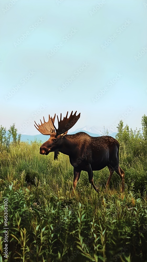 A moose walking through a lush green meadow, with a clear blue sky and light solid color background, highlighting its natural beauty,No blurriness A moose walking through a lush green meadow, with a clear blue sky and light solid color background, highlighting its natural beauty,No blurriness