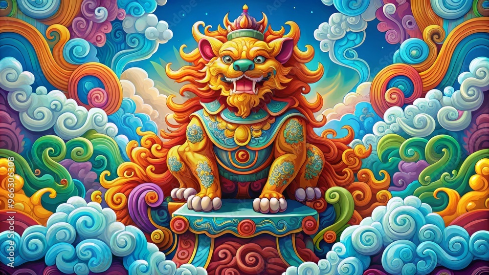 Vibrant illustration of a happy foo dog sitting on a colorful throne, surrounded by ornate patterns and swirling Vibrant illustration of a happy foo dog sitting on a colorful throne, surrounded by ornate patterns and swirling