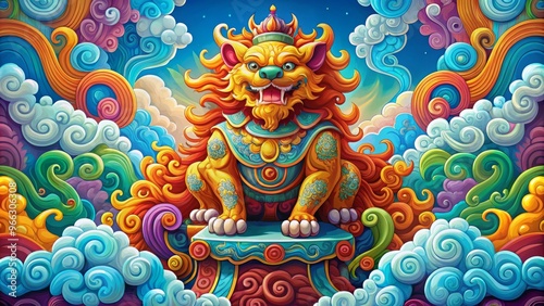 Vibrant illustration of a happy foo dog sitting on a colorful throne, surrounded by ornate patterns and swirling photo