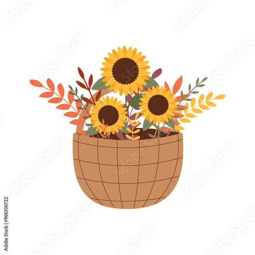 Bright bouquet of autumn flowers with sunflower in basket. Vector illustration for seasonal designs, fall decorations, and festive greeting cards