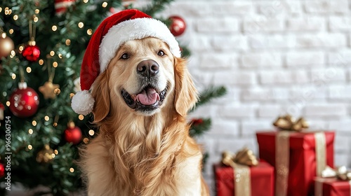 Dog with Santa hat in front of a Christmas tree photo