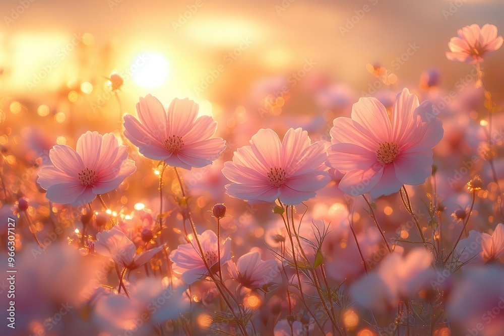 dreamy field of pink and white cosmos flowers at golden hour soft focus ethereal lighting delicate petals swaying in breeze romantic and whimsical nature scene dreamy field of pink and white cosmos flowers at golden hour soft focus ethereal lighting delicate petals swaying in breeze romantic and whimsical nature scene