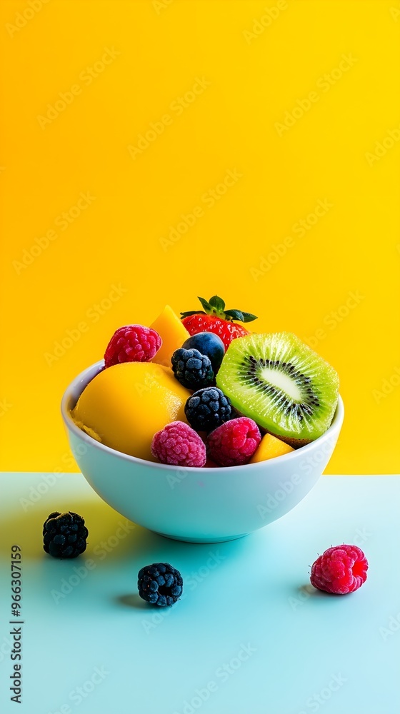 A vibrant bowl of mixed fruit ice cream, featuring slices of kiwi, mango, and berries, on a solid color backdrop,No blurriness A vibrant bowl of mixed fruit ice cream, featuring slices of kiwi, mango, and berries, on a solid color backdrop,No blurriness
