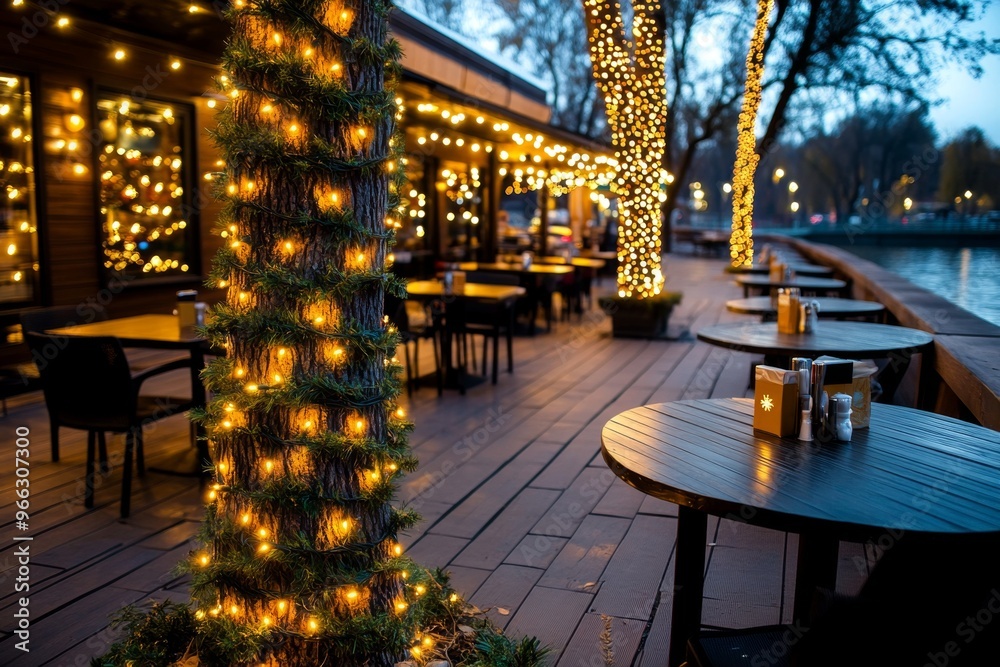 Christmas lights strung across an outdoor cafÃ©, adding a festive and cozy atmosphere for holiday diners
