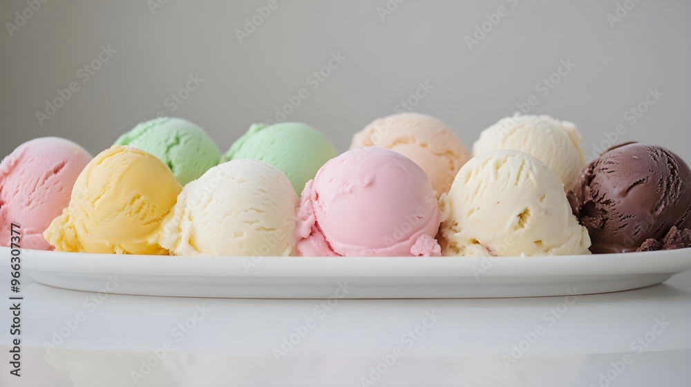 A delicious arrangement of ice cream scoops in various flavors displayed on a simple white plate, with a soft light color backdrop,No blurriness
