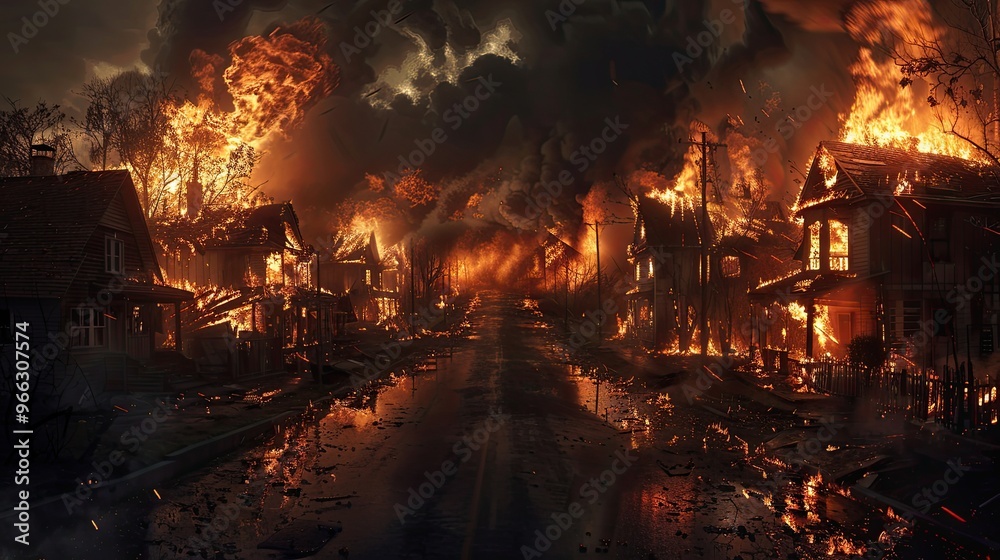 A fire is burning in a town with many houses. The fire is very large and is spreading quickly A fire is burning in a town with many houses. The fire is very large and is spreading quickly