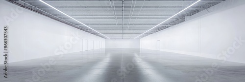 An empty industrial warehouse with white walls and a concrete floor. The space is well lit by overhead fluorescent lights, creating a clean and modern aesthetic. The image conveys a sense of vastness photo